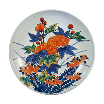 Dish with hibiscus and chrysanthemum design. undergiaze blue. over glaze enamels