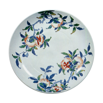 Dish with pomegranate design. underglaze blue. overglaze enamels