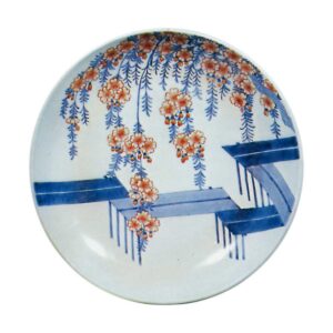 Dish with design of drooping cherries and Yatsuhashi (Bridge of Eight Parts) bridge.underglaze blue. overgiaze enamels