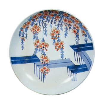 Dish with design of drooping cherries and Yatsuhashi (Bridge of Eight Parts) bridge.underglaze blue. overgiaze enamels