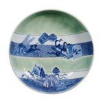 Dish with 'various treasure" design, blue and white，partial celadon glaze on reserved area