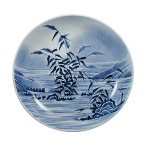 Dish With reed and water stream design， blue and white