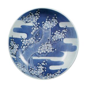 Dish with plum-tree design， blue and white