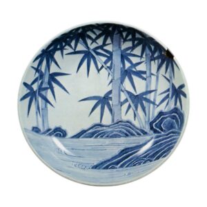 Dish With bamboo and water stream design, blue and white