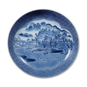 Dish with landscape design, blue and white