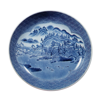 Dish with landscape design, blue and white