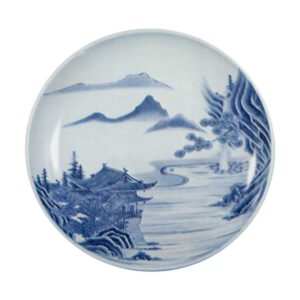 Dish with towered pavilion design， blue and white