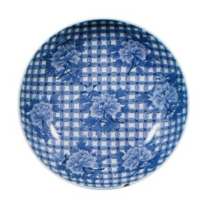 Dish with design of peonies against shippo (overlapping circles) ground,blue and white