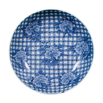 Dish with design of peonies against shippo (overlapping circles) ground,blue and white