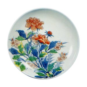 Dish with peony and pink flower design, underglaze blue. overglaze enamels