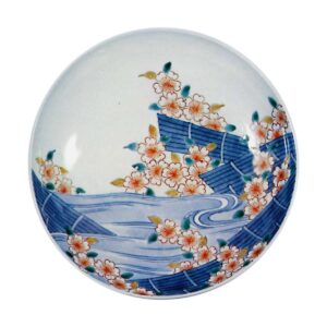 Dish with flower･and-raft design. underglaze blue. overglaze enamels