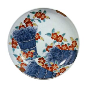 Dish with cherry and brushwood design,  underglaze blue, overglaze enamels