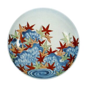 Dish with design of maple leaves afloat on stream, undergiaze blue,overglaze enamels