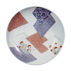 Dish with design of e－zoshi (picture booklets),underglaze blue, over glaze enamels