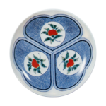 Dish with design of peonies in circle against katabami (wood･sorrel) plant, underglaze blue. overglaze enamels