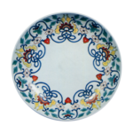 Dish with floral tendriil design, underglaze blue, overgiaze enamels