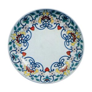 Dish with floral tendriil design, underglaze blue, overgiaze enamels