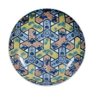 Dish with design of ajiro (texture of mat woven of bamboo), underglaze blue,overglaze enamels