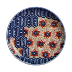 Dish with design of hexagons and karahana flower,underglaze blue. overglaze enamels