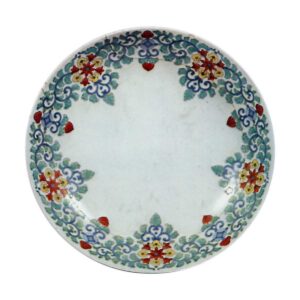 Dish with floral scroll design, undergiaze blue. overgiaze enamels