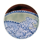 Dish with cherry design,blue and white,celadon glaze on reserved area and partial brown glaze
