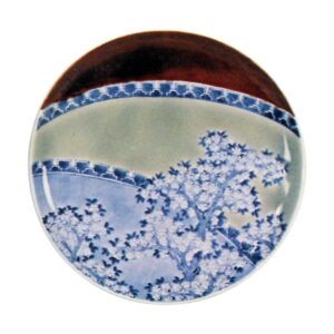 Dish with cherry design,blue and white,celadon glaze on reserved area and partial brown glaze