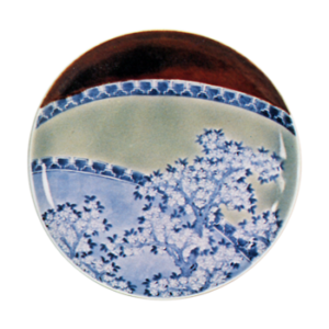 Dish with cherry design,blue and white,celadon glaze on reserved area and partial brown glaze