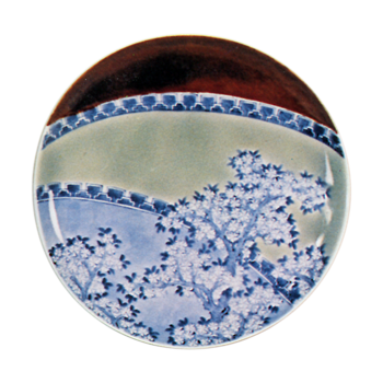 Dish with cherry design,blue and white,celadon glaze on reserved area and partial brown glaze