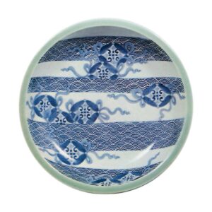 Dish with shippo circle design, blue and white. partial ceiadon giaze