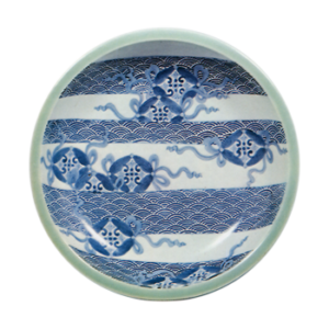 Dish with shippo circle design, blue and white. partial ceiadon giaze