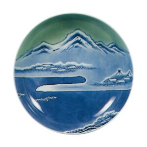 Dish with landscape design, celadon glaze, and blue and white