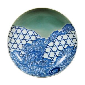 Dish with design of jakago (bamboo baskets for embankment),celadon glaze, and blue and white