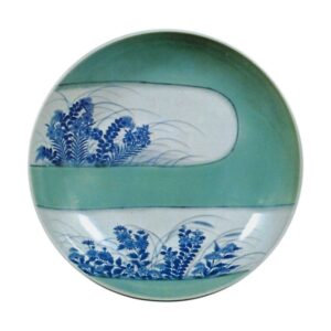 Dish with autumn grass design, celadon glaze, and blue and white