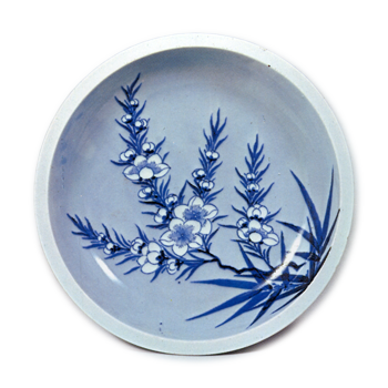 Dish with peach blossom design, blue and white