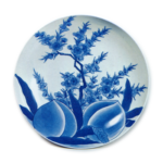 Dish with peach blossom and fruit design, blue and white