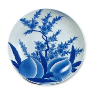 Dish with peach blossom and fruit design, blue and white