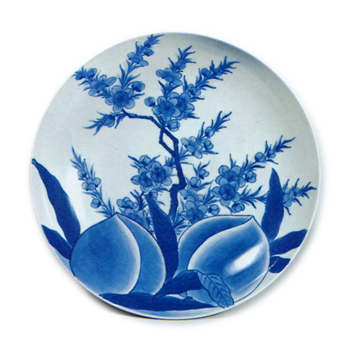 Dish with peach blossom and fruit design, blue and white