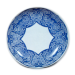 Dish with floral scroll design, blue and white