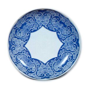 Dish with floral scroll design, blue and white