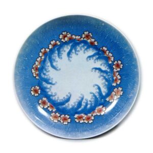 Dish with cherry blossom and wave design, underglaze blue, overgiaze enamels