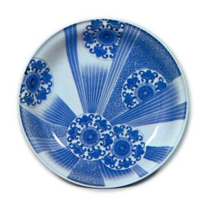 Dish with design of karahana flowers and radial rays, blue and white