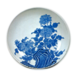 Dish with rock and peony design. blue and white