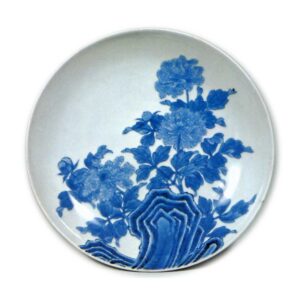 Dish with rock and peony design. blue and white