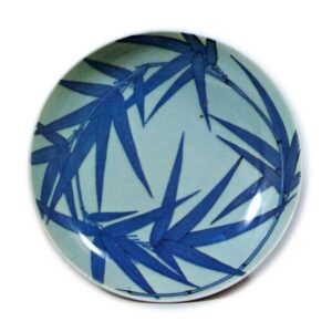 Dish with bamboo leaf design,blue and white. and celadon glaze on reserved area