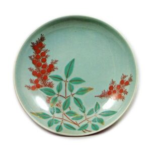 Dish with nandin design, underglaze blue. overglaze enamels, celadon glaze on reserved area