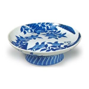 Dish on foot with mandarin orange and fern design, blue and white