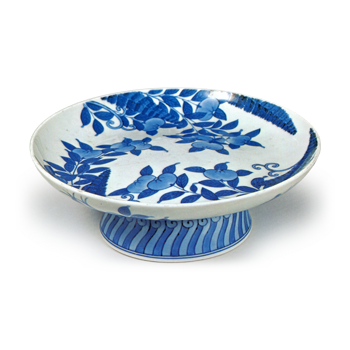 Dish on foot with mandarin orange and fern design, blue and white