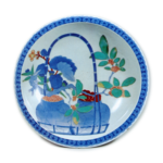 Dish with design of cameiiias in pots, underglaze blue, overglaze enamels