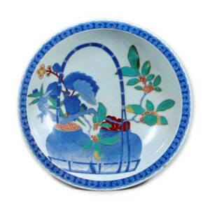 Dish with design of cameiiias in pots, underglaze blue, overglaze enamels