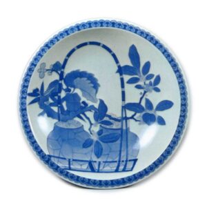 Dish with design of camellias in pots, blue and white